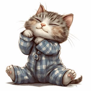 24 images JPEG de chaton mignon en pyjama floral, illustration de chat souriant JPEG, oeuvre d'art numérique pour travaux manuels