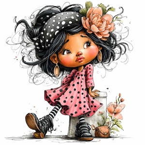May include: A cartoon illustration of a girl with dark hair, wearing a pink polka dot dress, black boots, and a polka dot headscarf. She has a flower in her hair and is sitting on a small white pedestal. A small purse and flowers are next to her.