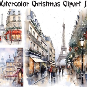 12 JPEG Paris Winter – Watercolor Christmas Clipart – Holiday Street Scene JPEG Bundle for Cards, Crafts, Printables