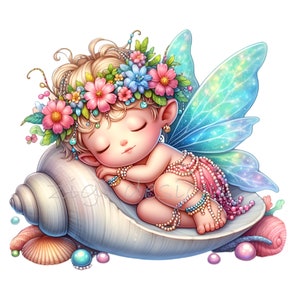 12 Hadas Bebés Durmiendo PNG Clipart, Hada de Concha Marina con Corona Floral, Arte Fantástico Lindo, Sublimación para Decoración de Pared de Habitación Infantil y Regalos