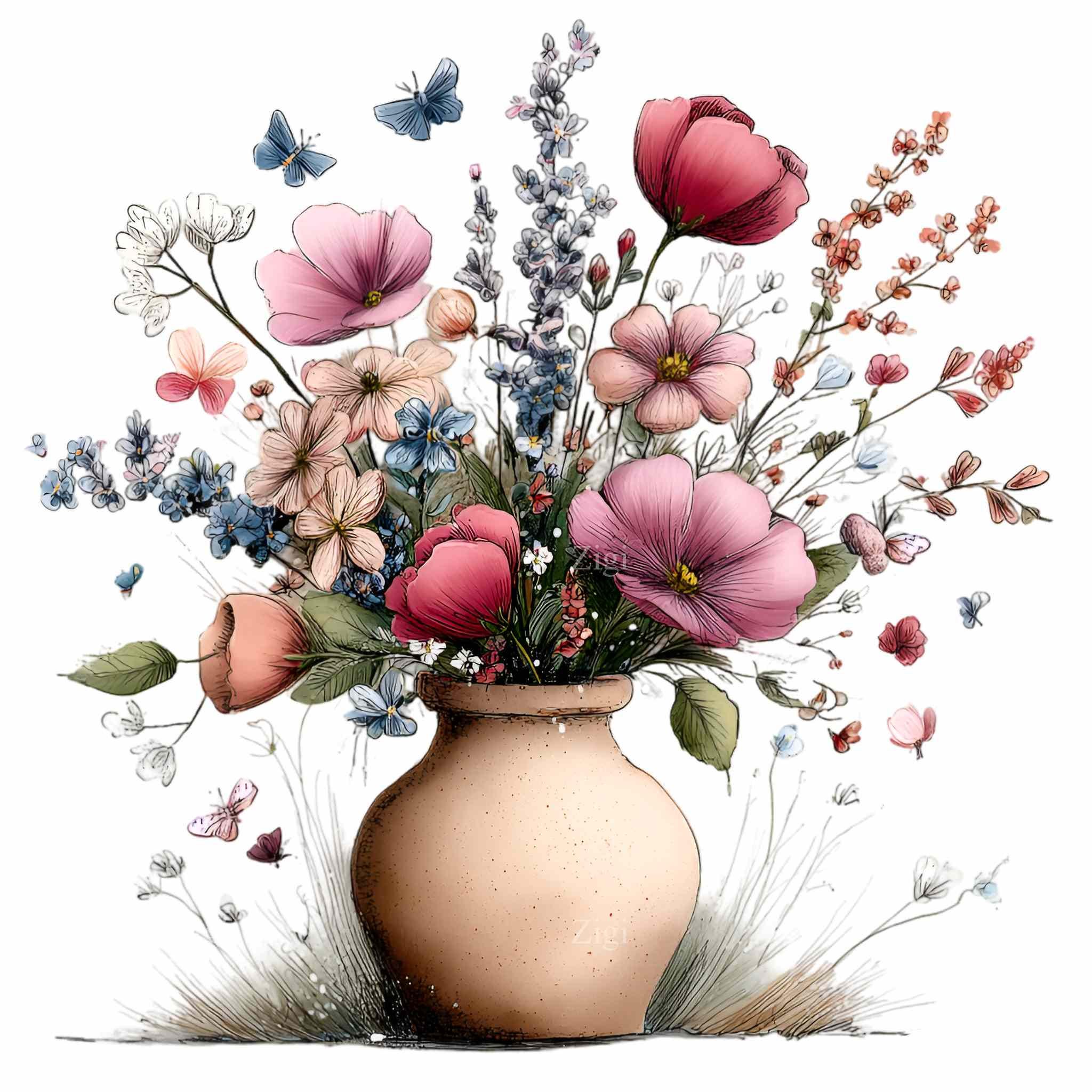 16 PNG Floral Vase Clipart, Watercolor Flower Bouquet, Botanical Spring ...