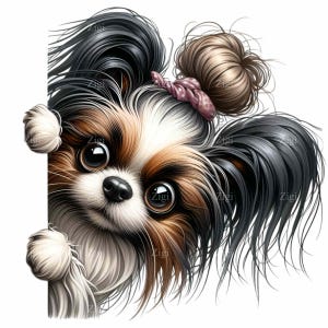 12 gluren puppy PNG-afbeeldingen – schattige pluizige hond met grote ogen, rommelige knot en strik – grappige hondenpeekkunst