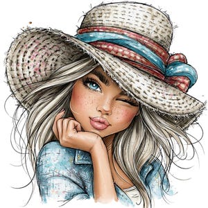 Könnte beinhalten: Illustration einer Frau, die zwinkert und einen Strohhut mit einem rot-blauen Band trägt. Sie hat lange blonde Haare, blaue Augen und Sommersprossen. Sie trägt ein blaues Jeanshemd. Das Bild hat einen Aquarellstil.