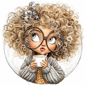 Può includere: Illustrazione di un cartone animato di una ragazza con i capelli biondi ricci, con grandi occhiali e un maglione grigio, che tiene in mano una tazza di caffè bianca. La ragazza ha le guance rosee e soffia sul caffè. Un fiocco d'argento è tra i suoi capelli.