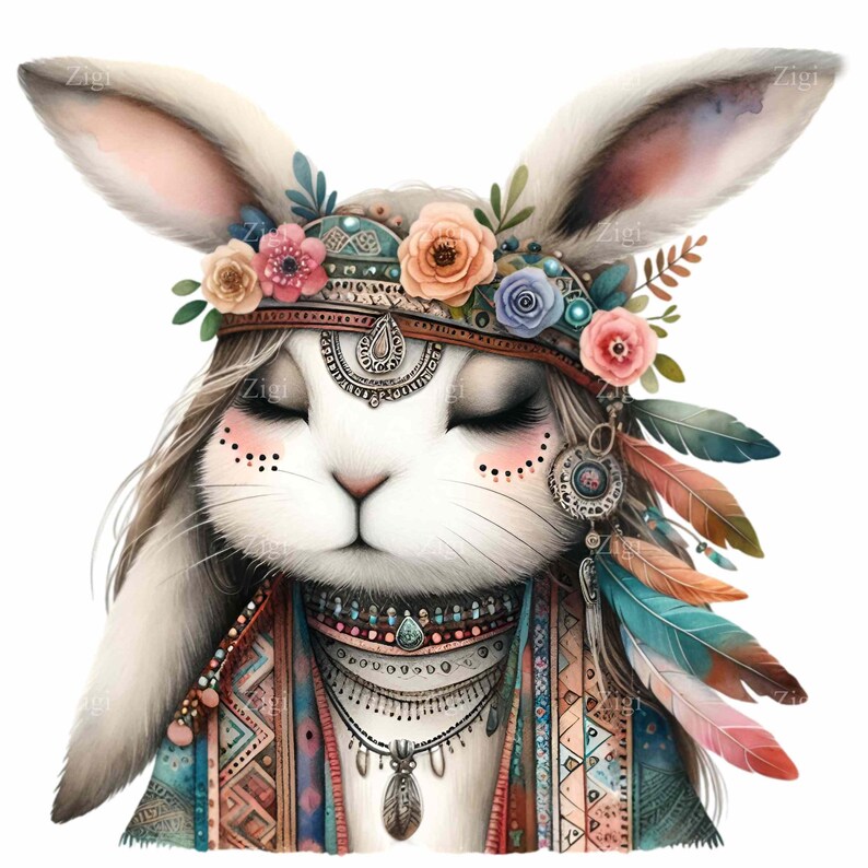 12 PNG Tribal Rabbit Clipart, Feather Headdress Animal Illustration ...