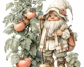 15 PNG Tomato Gnome Watercolor Clipart, Gardening Sublimation Veggie Garden