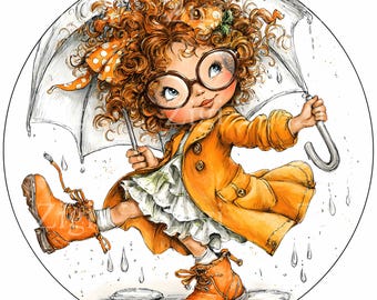 20 JPEG Rainy Day Girl Clipart – Curly Hair Child JPG – Cute Umbrella and Boots Illustration for Spring Decor, Prints and Stickers