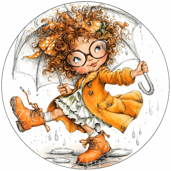 20 JPEG Rainy Day Girl Clipart – Curly Hair Child JPG – Cute Umbrella and Boots Illustration for Spring Decor, Prints and Stickers