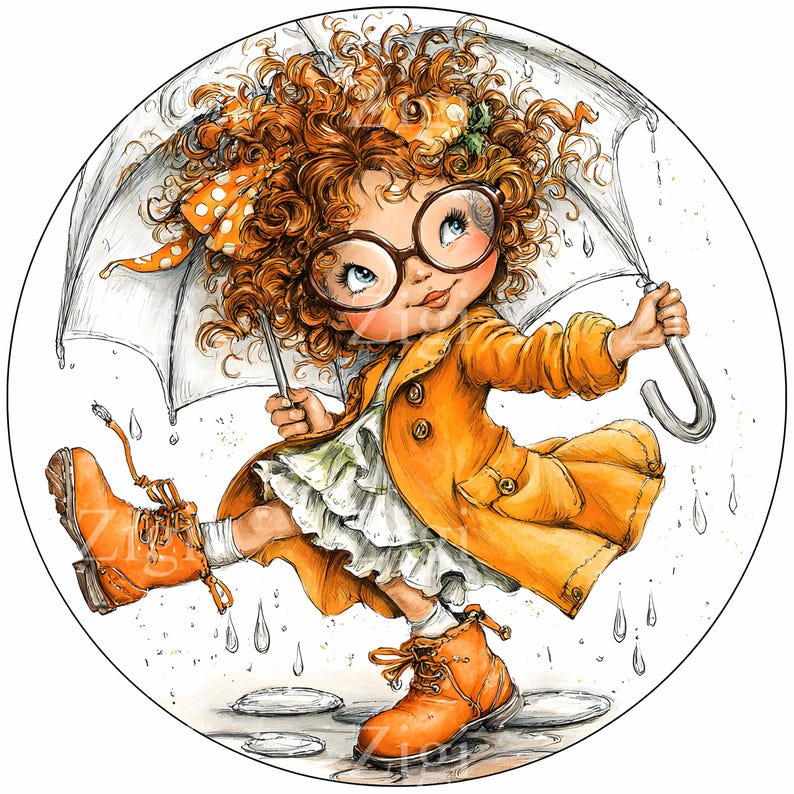 Puede incluir: Ilustraci&oacute;n caprichosa de un ni&ntilde;o con cabello rizado rojo, vistiendo un abrigo amarillo, gafas y botas naranjas, sosteniendo un paraguas bajo la lluvia. La obra de arte est&aacute; dentro de un marco circular blanco, con gotas de agua y charcos.
