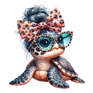 May include: A cartoon turtle with a black bun, wearing pink and black leopard print sunglasses and a bow. The turtle has a brown shell with black markings.