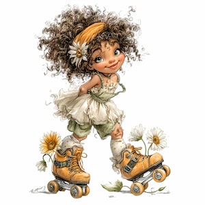 Può includere: Illustrazione di un bambino sorridente con capelli castani ricci che indossa una fascia gialla e un vestito bianco, che pattina sui pattini a rotelle gialli. Margherite e girasoli sono posti intorno al bambino.
