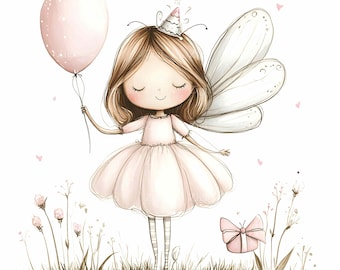28 JPEG Cute Fairy Girl with Balloon Clipart - Adorable Birthday Illustration - Whimsical Fantasy Art JPG