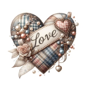 10 PNG Plaid Love Heart PNG, Vintage Fabric Pearl Heart Clipart, Romantic Rustic Shabby Chic Digital Art, Sublimation Design