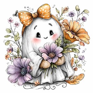 May include: A cute cartoon ghost wearing a yellow polka-dot bow and holding a bouquet of purple and orange flowers. The ghost has rosy cheeks and is surrounded by floral elements, including leaves and small flowers.