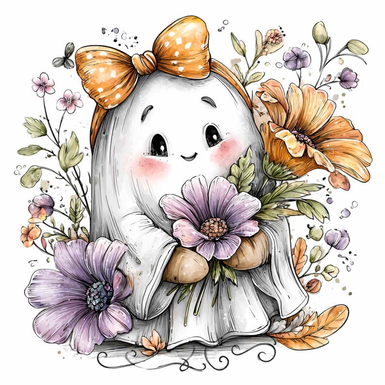 May include: A cute cartoon ghost wearing a yellow polka-dot bow and holding a bouquet of purple and orange flowers. The ghost has rosy cheeks and is surrounded by floral elements, including leaves and small flowers.