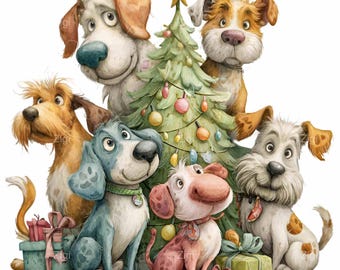 May include: A whimsical illustration of six cartoon dogs gathered around a decorated Christmas tree. The dogs are various colors, with some wearing collars and surrounded by wrapped gifts. A gold star tops the tree.