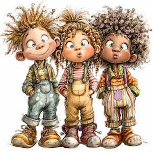 May include: A cartoon illustration of three children with curly hair, wearing dungarees and button-up shirts. The children have rosy cheeks and are standing close together. One child is smiling, and the other two are puckering their lips. The dungarees are different colours and patterns.