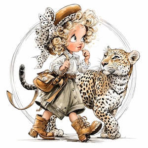 15 Clipart di ragazze safari in formato JPEG - Arte della giungla con leopardo - Illustrazione di un bambino avventuroso per decorazioni per la cameretta degli animali o progetti di artigianato da esploratore