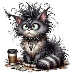 15 png-gothkat – kat in Halloween-stijl png-clipart – edgy harig huisdier met spikes en koffie voor alternatieve stickers, decor en ambachten