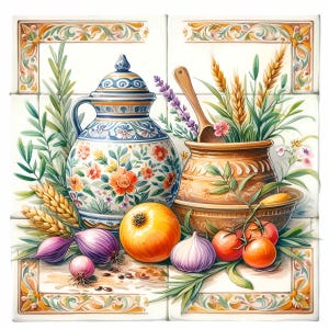 May include: A still life painting featuring a blue and white ceramic pitcher with floral designs, a brown ceramic bowl with a floral arrangement, a yellow apple, purple onions, and a bunch of wheat.