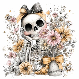 Puede incluir: Una ilustración caprichosa de un esqueleto con un lazo y flores. El esqueleto tiene un lazo de lunares blancos y negros y está rodeado por un ramo de flores rosas, amarillas y blancas. El esqueleto está apoyando la barbilla en su mano.