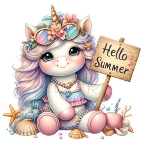12 Hello Summer Unicorn Clipart PNG – Uroczy plażowy jednorożec z okularami przeciwsłonecznymi, muszlami i pastelowymi włosami – Pobieranie cyfrowe