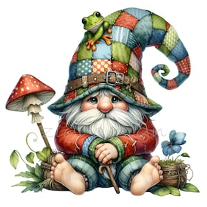 10 PNG di gnomi stravaganti, Clipart di gnomi con cappello patchwork, Arte di gnomi della foresta carina, Illustrazione digitale di cottage