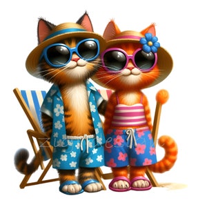10 zomer strandkatten png-clipart, schattig kattenpaar in vakantie-outfits, digitale download, grappige katachtige kunst, tropisch thema