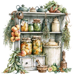 Op de afbeelding: Waterverfillustratie van een rustieke witte plank gevuld met potten geconserveerd fruit en groenten. Hangende kruiden en verse perziken dragen bij aan de boerderij-esthetiek. Theepotten en een vijzel en stamper maken de scène compleet.