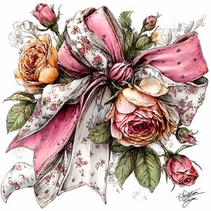 May include: A detailed illustration of a bouquet of roses and a large bow. The roses are in shades of pink and orange, with green leaves. The bow is pink and white, with a floral pattern. The artwork is on a white background.