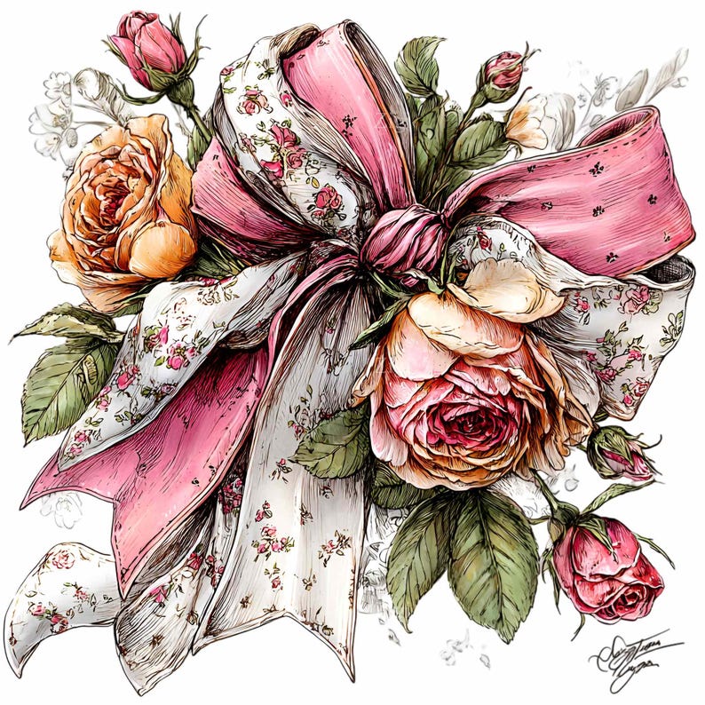 May include: A detailed illustration of a bouquet of roses and a large bow. The roses are in shades of pink and orange, with green leaves. The bow is pink and white, with a floral pattern. The artwork is on a white background.