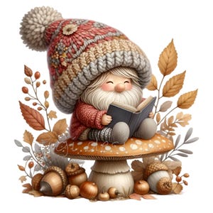 15 Clipart PNG di gnomo autunnale, gnomo che legge su funghi, foglie autunnali e ghiande Illustrazione digitale