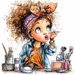 15 clipart JPEG di ragazza con i capelli cotonati – Arte JPG del rossetto – Illustrazione divertente per il tavolo da trucco per agende per adolescenti, stampe di moda, pagine di diario femminili