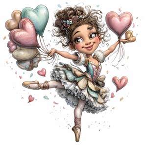 May include: A cartoon illustration of a young ballerina in a tutu, holding heart-shaped balloons. The ballerina wears a blue, pink, and white dress and ballet shoes. The background is white with scattered hearts and confetti.