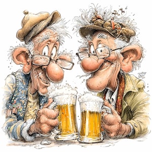 Puede incluir: Ilustración de dibujos animados de dos ancianos con grandes narices y gafas, brindando con jarras de cerveza. Uno lleva sombrero y chaleco, el otro sombrero con plumas. Las jarras de cerveza están llenas de líquido dorado y espuma blanca.