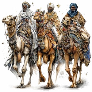 Könnte beinhalten: Illustration von drei Königen auf Kamelen, eine traditionelle Darstellung der biblischen Weisen. Die Kamele sind mit kunstvollen Sätteln und farbenfrohen Dekorationen geschmückt. Die Könige sind in aufwendigen Roben und Turbans gekleidet, mit Gold- und Juwelenakzenten.