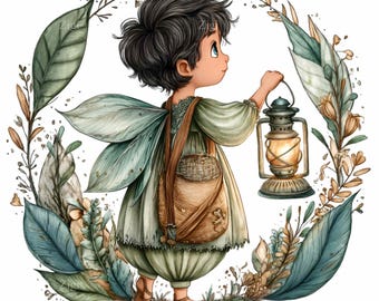 15 PNG Fairy Boy Clipart, Forest Lantern Illustration, Magical Elf