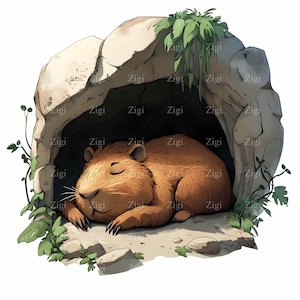15 imágenes prediseñadas de capibara durmiendo en una cueva en formato JPEG: adorable arte de vida salvaje: escena de naturaleza pacífica en formato JPG