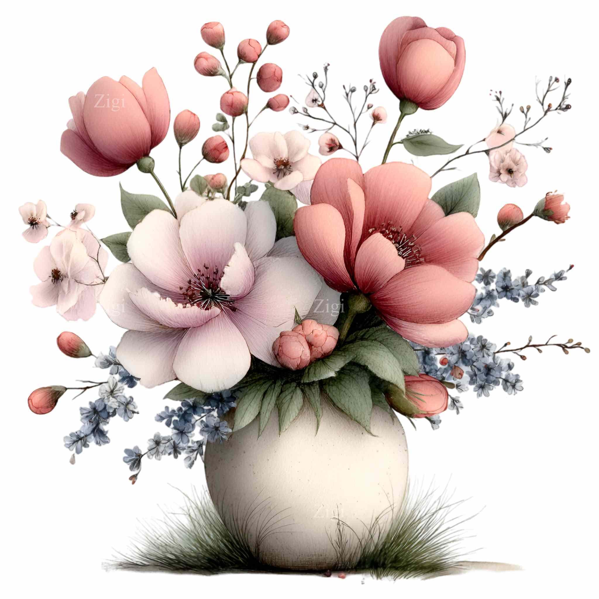 16 PNG Floral Vase Clipart, Watercolor Flower Bouquet, Botanical Spring ...