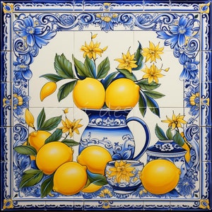 Citroen tegel clipart bundel, 10 mediterrane Azulejo Portugese blauwe tegels digitale papier aquarel beelden