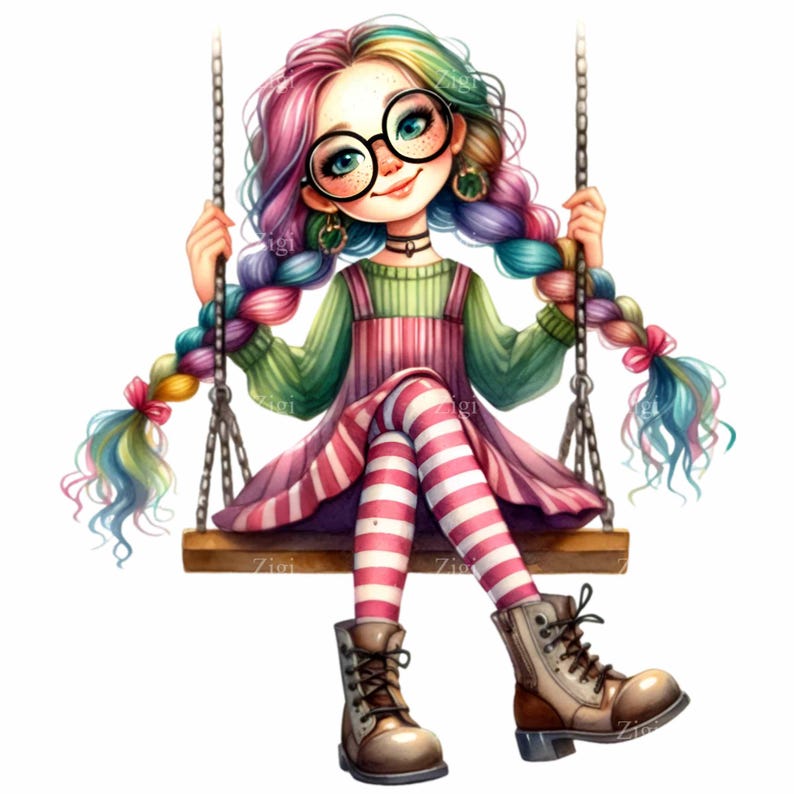 Whimsical Girl PNG Clipart 15 Rainbow Braided Hair Girl With Round