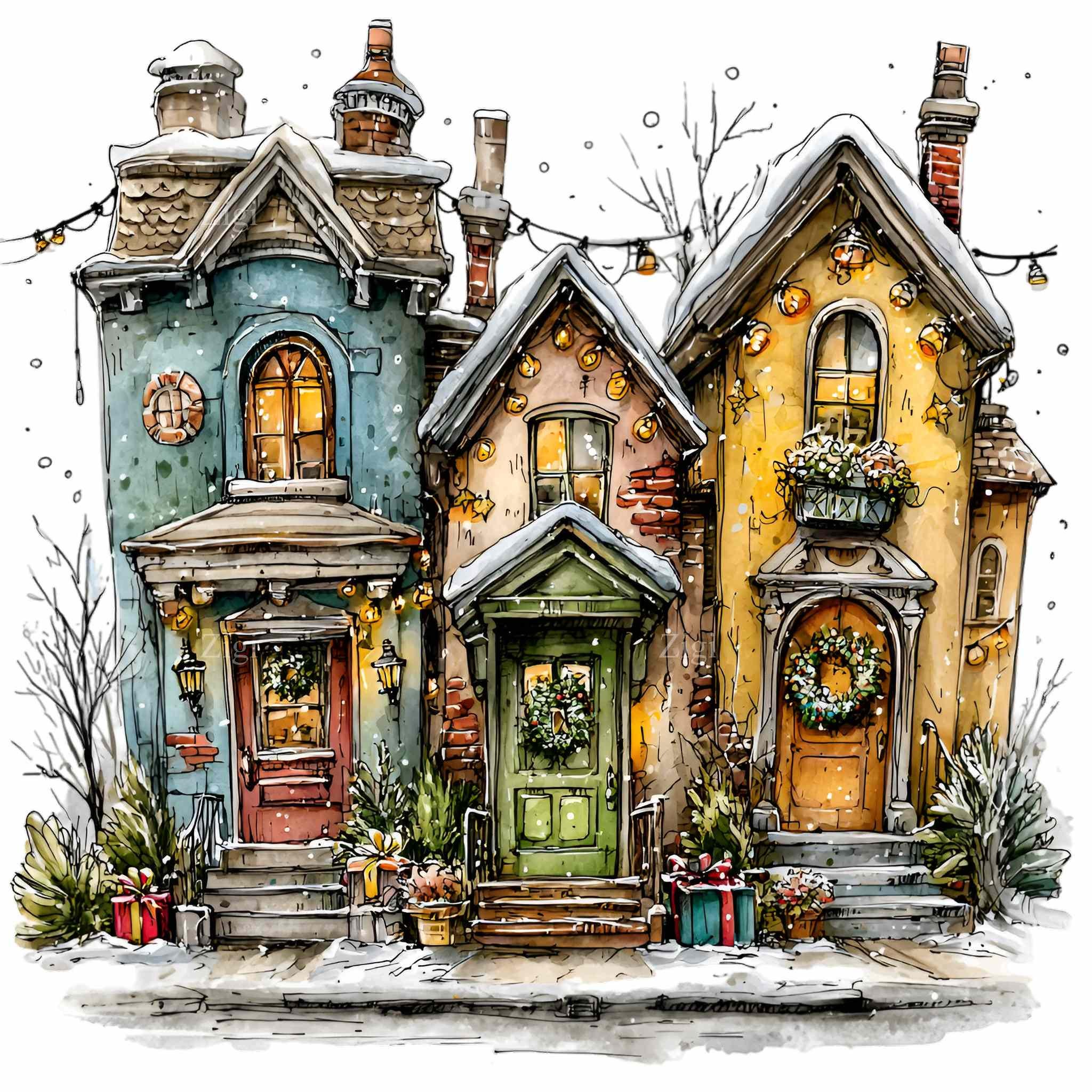12 PNG Snowy Village PNG – Christmas Houses Clipart – Winter Street ...
