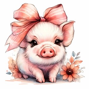 12 cliparts PNG mignon cochon - bébé porcelet avec gros noeud rose et fleurs - sublimation de chambre de bébé pour chambre de fille, cartes et décoration d'animaux de la ferme
