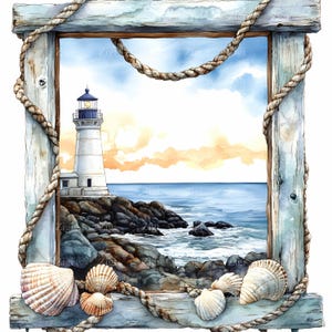20 Clipart cadre phare JPEG - scène côtière nautique avec coquillages et bordure en bois - téléchargement numérique JPG