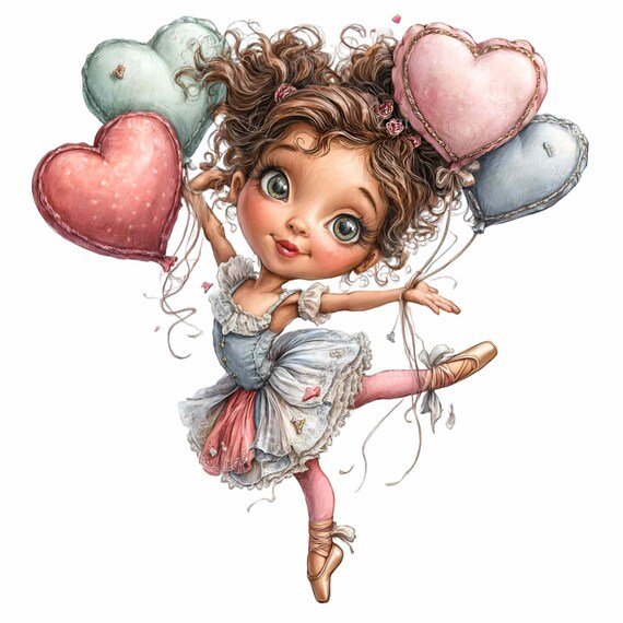 14 PNG Whimsical Ballerina Girl Clipart, Heart Balloons Pink Blue Tutu
