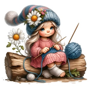 Cute Knitting Girl Clipart, 15 Whimsical Crafty Child Illustration PNG, Arte para decoração e projetos DIY