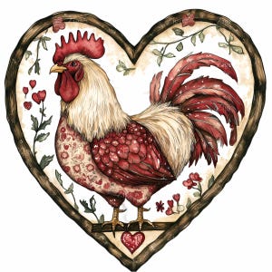 12 Valentine Galo PNG Clipart – Frango Floral Dentro Moldura de Coração com Corações – Download Digital de Animal de Fazenda Romântico