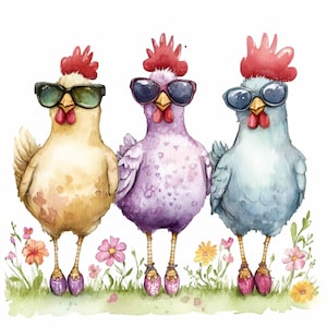 20 PNG Cool poulets PNG Clipart, drôles de coqs de ferme dans des lunettes de soleil, lunatique pays Art en téléchargement numérique