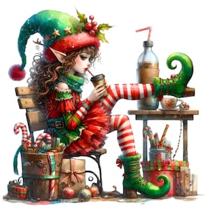12 png-elf met cacao – kerstmeisje PNG – feestelijke clipart voor geschenken, mokken, kaarten, sublimatie, knutselen, digitaal vakantiedecor