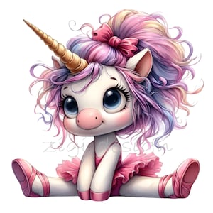 15 PNG Glückliches Ballerina-Einhorn - Pastell-Fantasy-Cliparts für Kinderdekor, Geburtstagsdrucke und tanzbezogenes Basteln